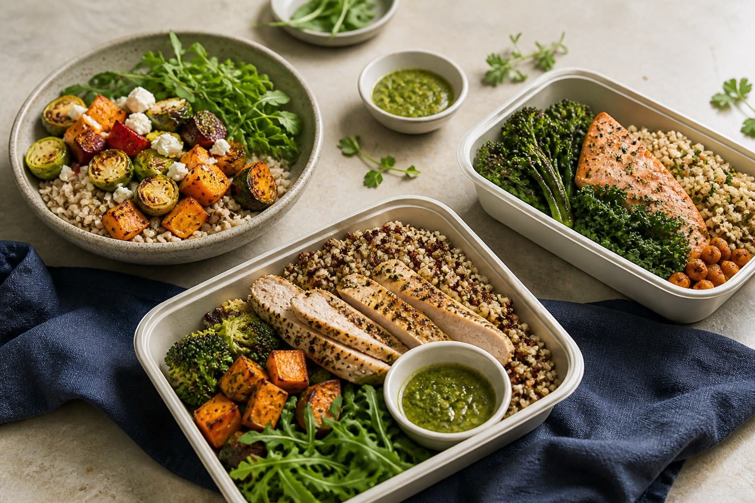 Fresh Kinetic Kitchen meals with vegetables, grains, chicken and salmon